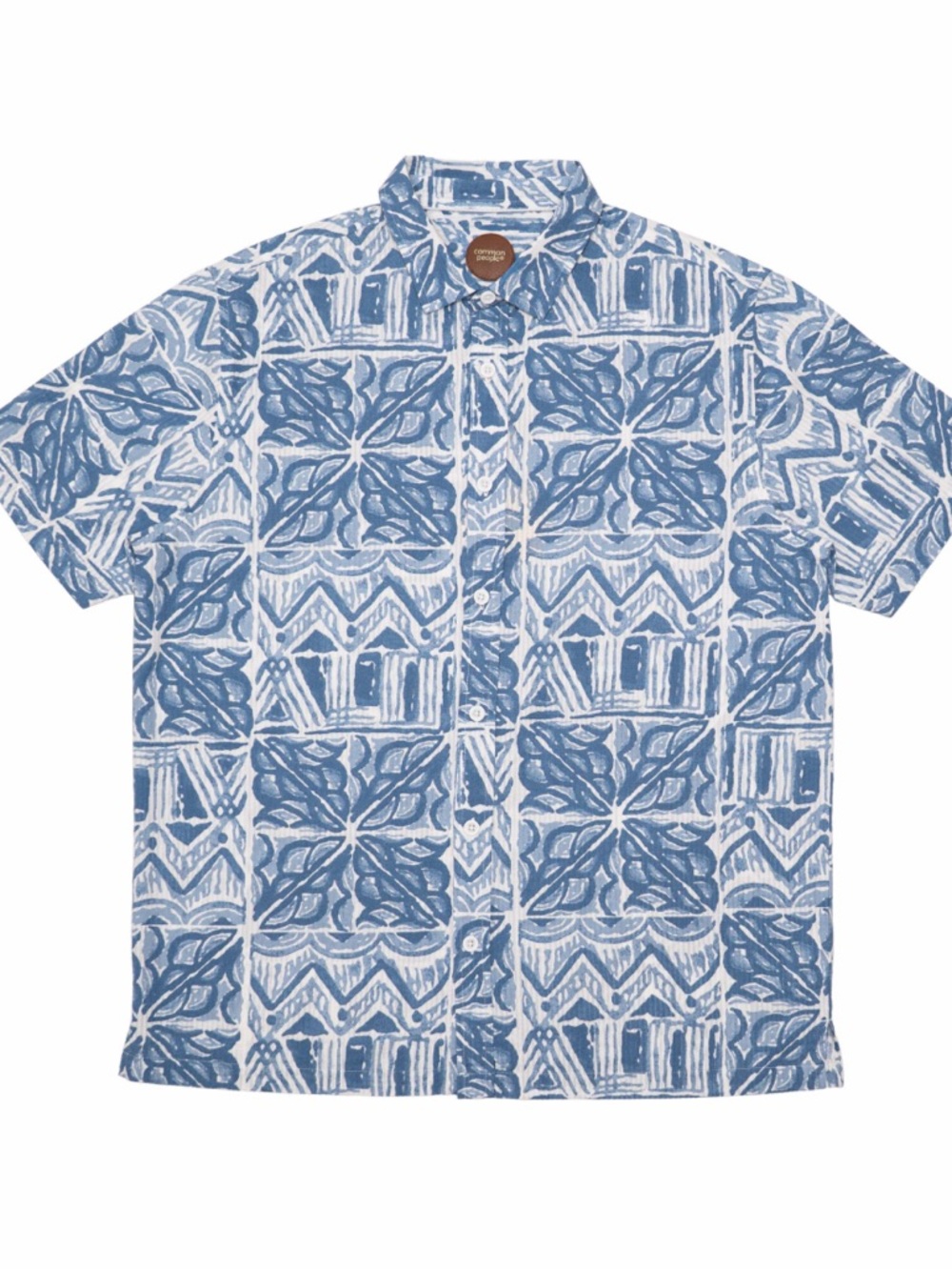 Common People Short Sleeve Button Down 100% Cotton Light Blue Tile Print XL